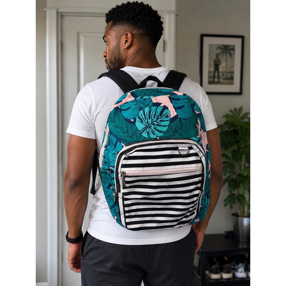 Yoobi Monstera Leaf Tropical Print Backpack Teal Pink Striped 069101835